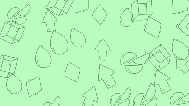 Abstract geometric shapes on green background with cubes, arrows, teardrops, and diamond shapes. Suitable for business presentations and infographics.