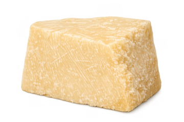 Parmesan cheese portion with a rough rind texture, standing on a transparent background, ready for culinary use