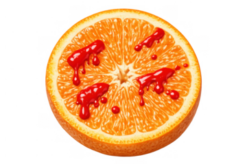 Orange fruit slice with red liquid dripping creating a surreal and eerie blood effect on transparent background