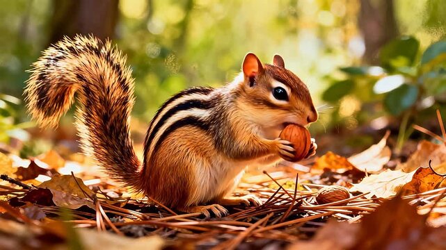 Squirrel eating nut on forest floor