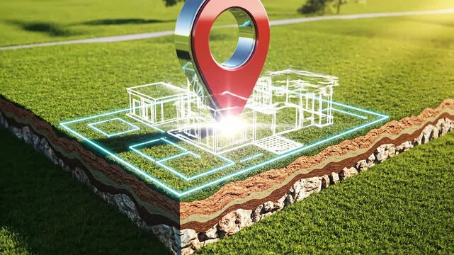 Real estate concept - Location marker on a plot of land with house plan.