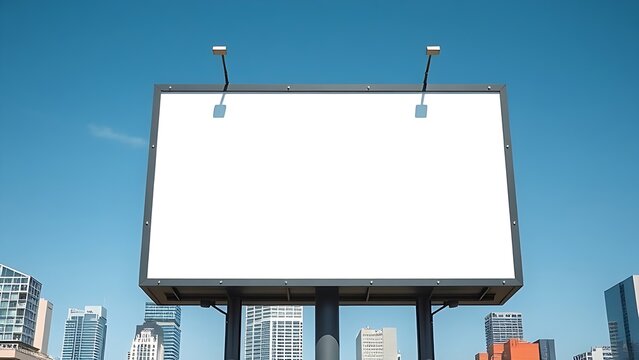 Empty urban billboard frame against blue sky, clean modern design with cityscape background.