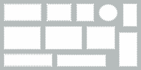 Obraz premium Arrangement of blank postage stamps in varying sizes on a gray background