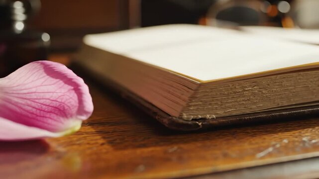 Open Book and Petal: An open book on a wooden surface beside a delicate flower petal, evoking feelings of nostalgia and learning.