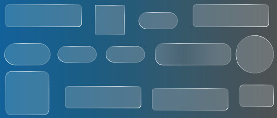 Obraz premium Liquid glass vector buttons and round circle in different shapes. Liquid glass collection of transparent, rounded buttons and shapes, showcasing a modern aesthetic for UI designs