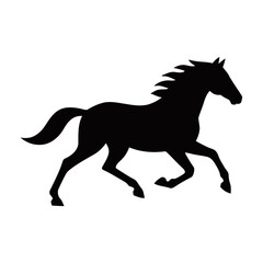 A striking black silhouette of a horse in a dynamic running or galloping pose, isolated on a clean white background.