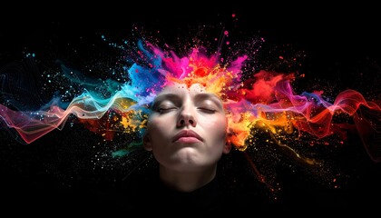 Woman with closed eyes, head exploding with vibrant colored bursts