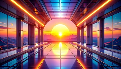 A futuristic interior offers a panoramic vista of a sunset over mountainous terrain. Reflections and neon light detail the space