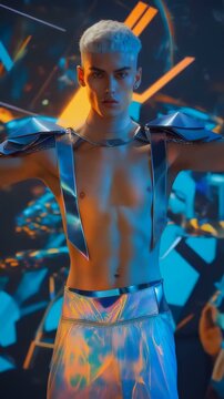 Vertical video of a young man in futuristic clothing dancing against a neon background. Generative AI content