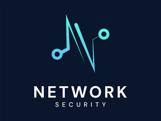 Network security with Letter N network lines connecting technology Analysis logo vector illustration design concept. Letter N logotype ideas for cyber security, Big data, ui, identity, Advanced Tech.