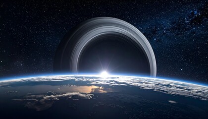 Earth viewed with celestial rings and a radiant starburst
