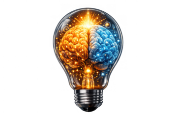 Creative mind light bulb concept illuminating ideas, innovation, and intellectual thinking, transparent background