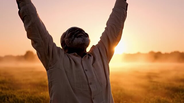Child Celebrating Outdoors During Sunset with Open Arms.