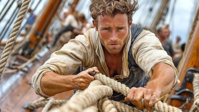 selective focus crew member handling ropes on deck