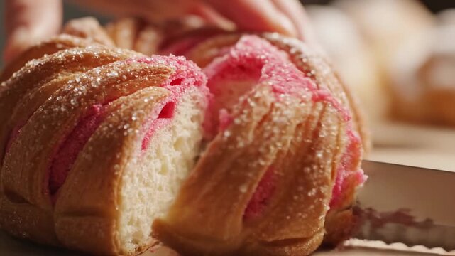 Delectable Bakery Delight: Close-up of a person slicing a freshly baked, intricately designed loaf, revealing its soft, airy interior. A symphony of textures and flavors.