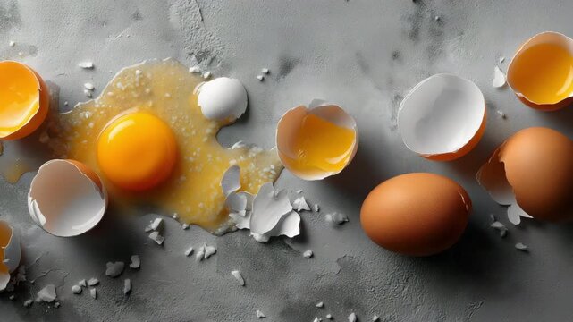 Broken eggs with transparent yolks and shells strewn across a gray surface