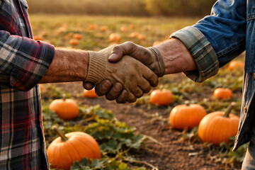 Farmer Handshake over Pumpkin Patch: Harvest Agreement
