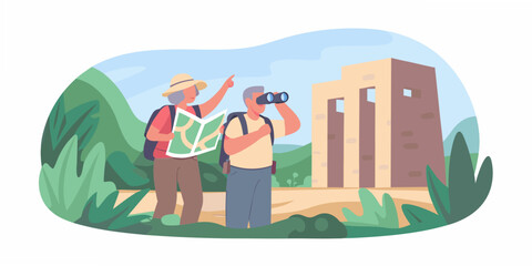 Elderly couple exploring a historic city with a map and binoculars