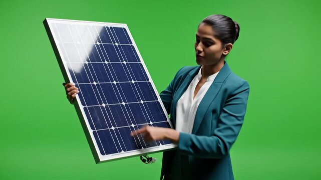 Woman in business suit demonstrates solar panel technology with focus on clean energy future.