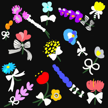 Seamless Floral Gift Pattern with Colorful Single Flowers and White Ribbons on Black Background