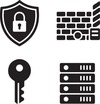 Cybersecurity icons with firewall shield key and server
