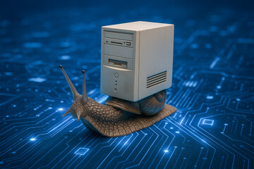 A snail carrying an old desktop computer on its back against a background of a digital circuit board symbolizes slow technology or outdated systems. Slow CPU.