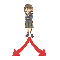 分かれ道の前で考えている制服姿の女の子