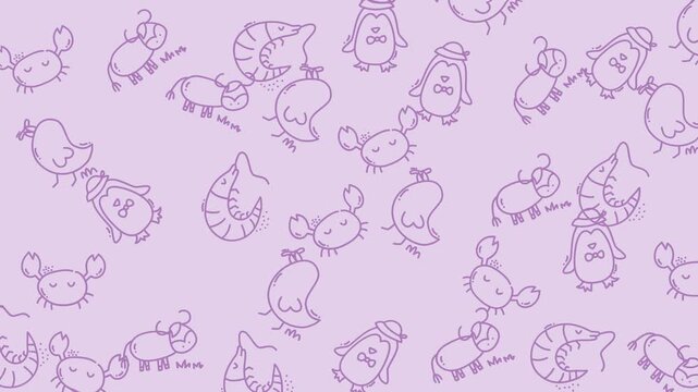 Pattern featuring penguins, shrimp, and crabs on lilac background. Ideal for childrens stationery, wrapping paper, and summerthemed designs.
