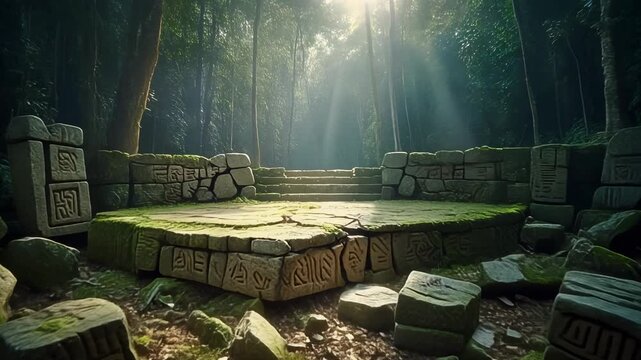 Flat ceremonial altar cracked in half, surrounded by scattered carved blocks