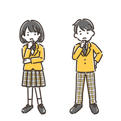 顎に手を当てて考えている制服姿の女の子と男の子／シンプルカラー／セット