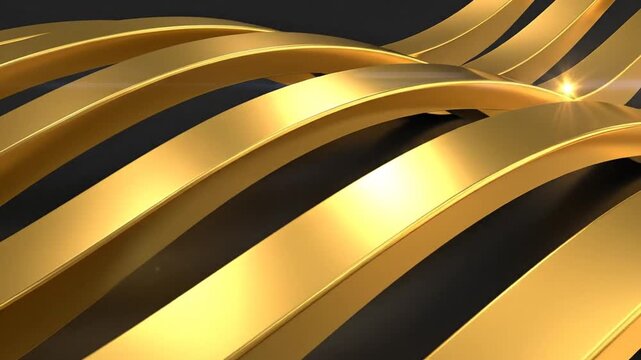 A dynamic abstract composition with flowing golden ribbons against a dark gradient background with a lens flare