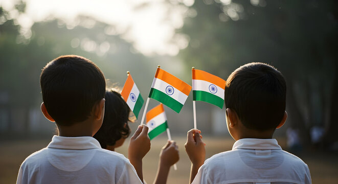 Indian Children Celebrating National Pride with Tricolor Flags
