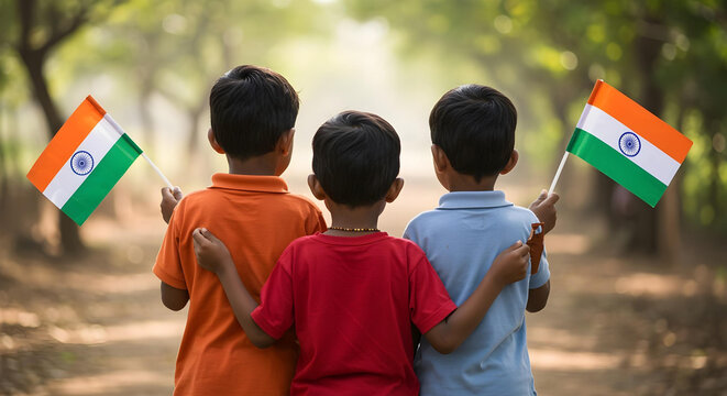 Indian Children Celebrating National Pride with Tricolor Flags