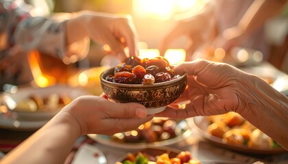 Hands holding a small bowl of food at a festive meal or celebration with warm lighting