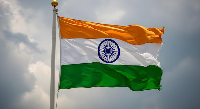 Indian Tricolor Flag Waving with Ashoka Chakra Cinematic Sky