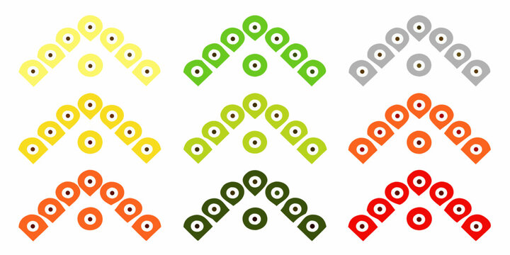 Colorful arrangements of circular shapes with inner circles displaying a geometric pattern