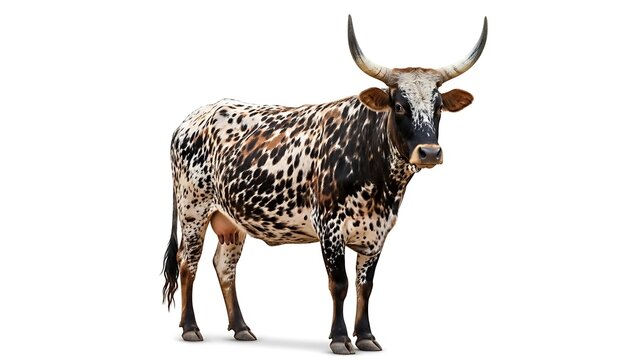 Majestic Longhorn Cattle Breed Isolated on White Background. Full-Length Studio Shot of a Spotted African Cow (Nguni/Watusi type) with Giant Curved Horns for Livestock and Agriculture.