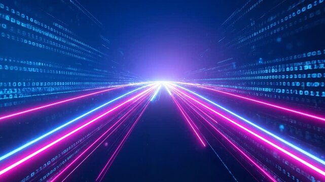Digital art image of glowing blue and pink light trails, emanating from a bright source