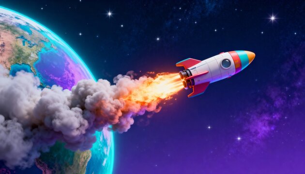 Colorful 3D rocket blasting off with fire and smoke near planet Earth in starry galaxy. Startup, innovation, exploration and sci-fi background with copy space.
