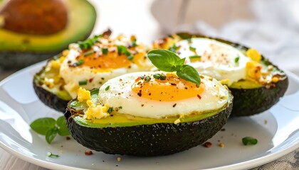 Baked eggs in avocado halves with fresh herbs on a white plate, close-up