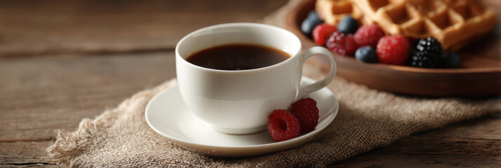 Coffee cup saucer raspberry waffle berry breakfast wooden table set with dark brew in white ceramic, burlap texture, fresh fruit, warm morning mood, shallow focus, cozy cafe vibe