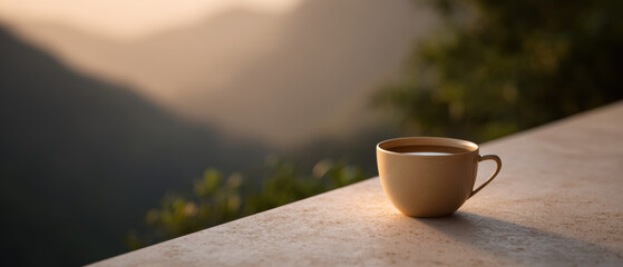 Naklejka premium Coffee cup ceramic mug mountain view sunrise light outdoor table tranquil morning scene, warm blurred background and misty hills, peaceful mood for relaxation