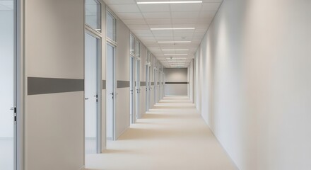 Obraz premium Endless interior corridor featuring multiple identical doors receding into the distance under bright ceiling lighting.