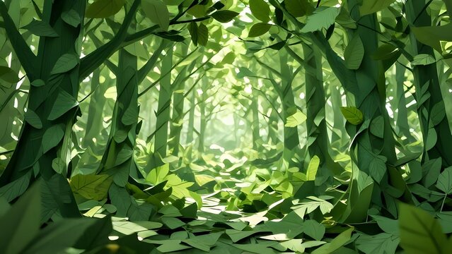 Enchanting forest path bathed in dappled sunlight, a vibrant green sanctuary.