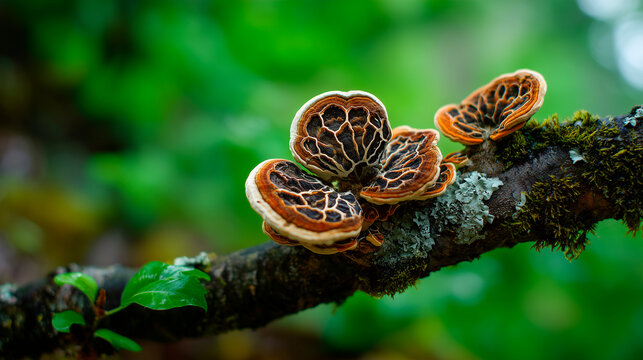Anise mazegill fungus grows on tree branch. Gloeophyllum odoratum is brown rot polypore. Close up view of mushroom with pattern, growing in forest. Wild fungus in green nature
