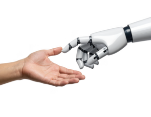 Robot and human hands about to touch, a modern Creation of Adam concept. Isolated on transparent background.