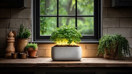 Freshly grown culinary herbs illuminated by warm under-cabinet lighting sit on a rustic wooden kitchen counter near a window