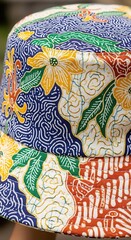 Colorful patterned fabric headwear displays intricate traditional textile designs.