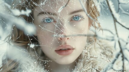 Ethereal Portrait of a Young Woman with Piercing Blue Eyes Framed by Frosty Winter Branches