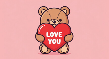 Adorable teddy bear holding heart with love message in cute cartoon illustration